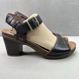 Womens 9.5-10 / EU 40 Dansko Debby Heeled Sandals Black Leather Raffia Chunky